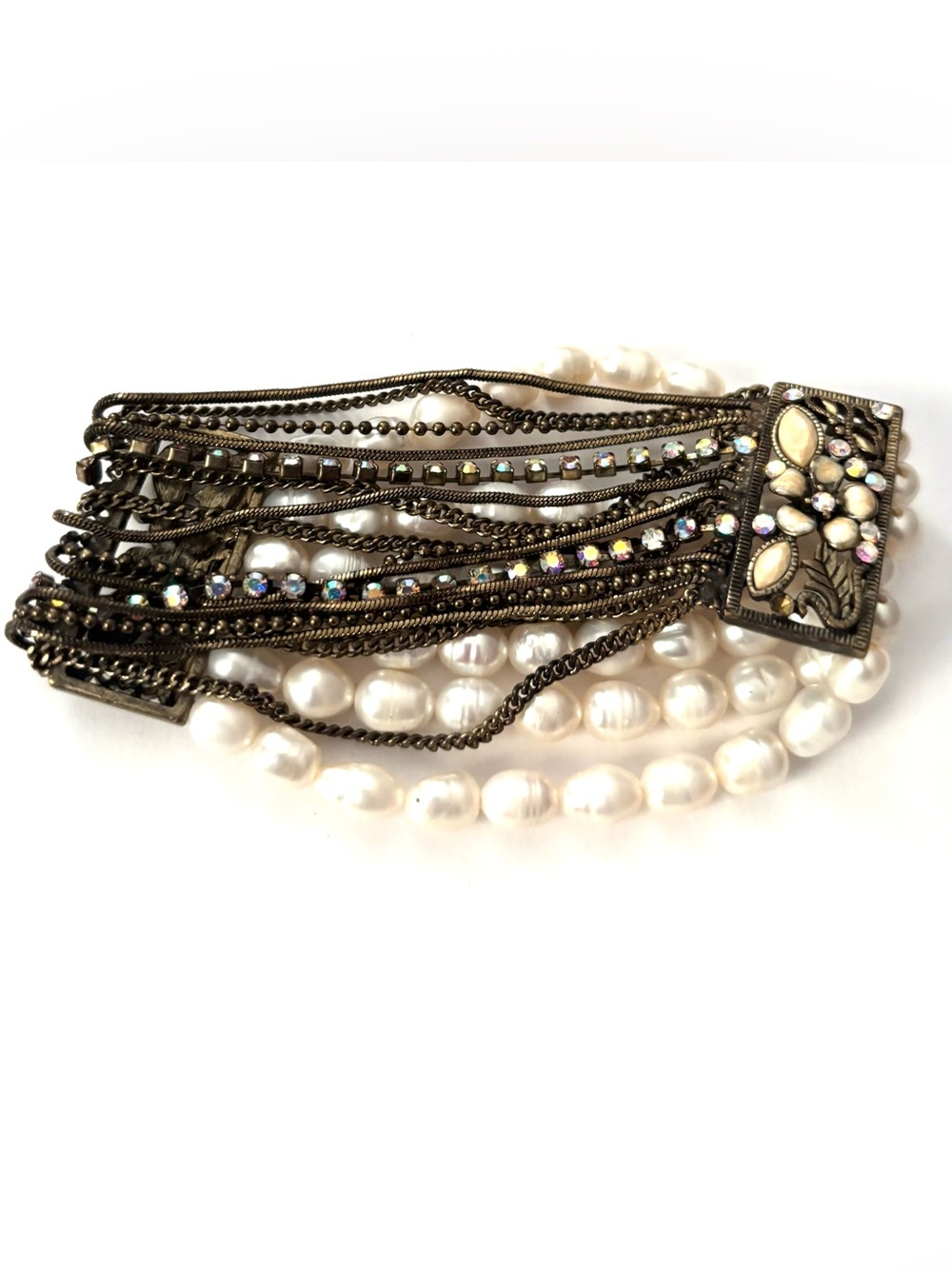 Vintage Pearl and Gunmetal Multi-Strand Bracelet - White & Gunmetal